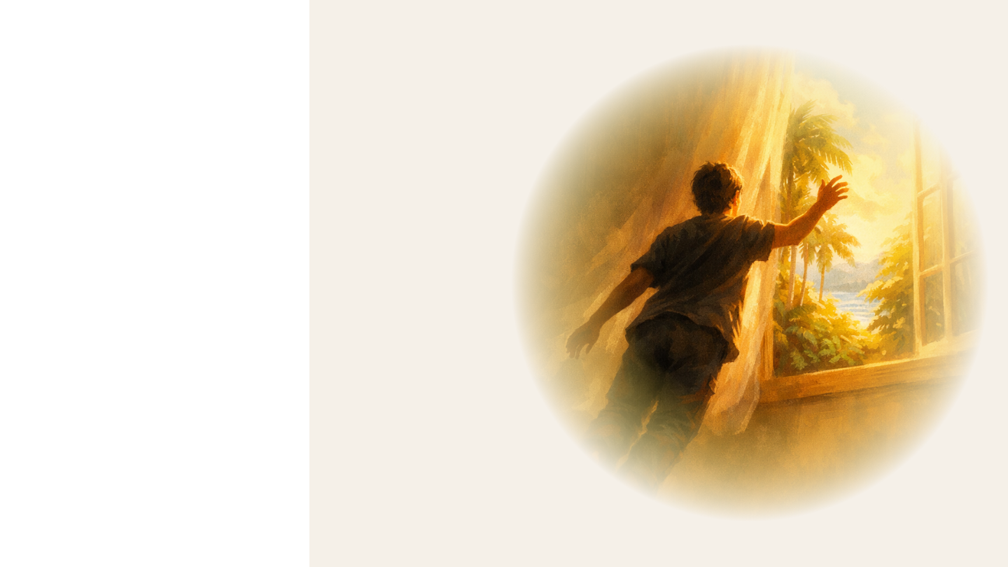 A figure floating toward an open window revealing a paradise beyond — the promise of a new life operating system